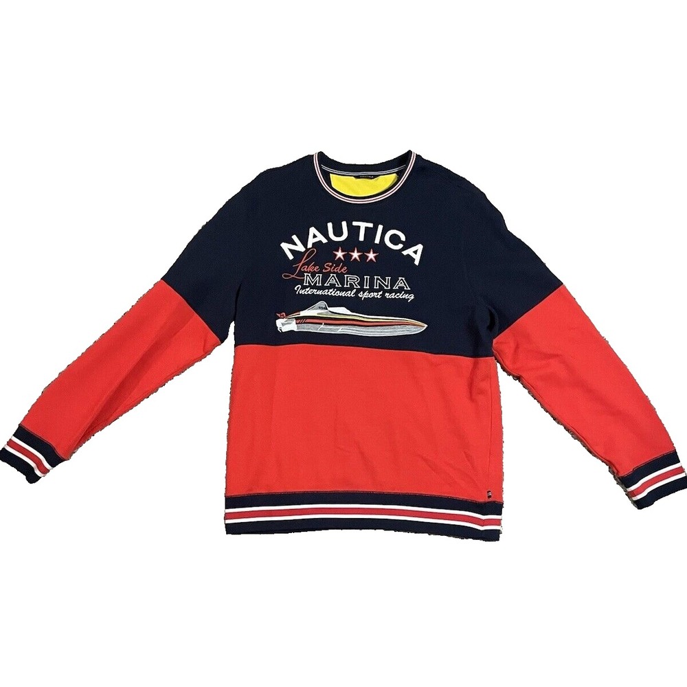 Nautica Men's Colorblock Spell Out Classic-Fit Boat Racing Graphic Sweater,‎ L